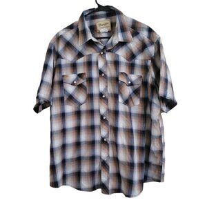 Wrangler Western Pearl Snap Shirt Mens Size XXL Plaid Short Sleeve Black Tan